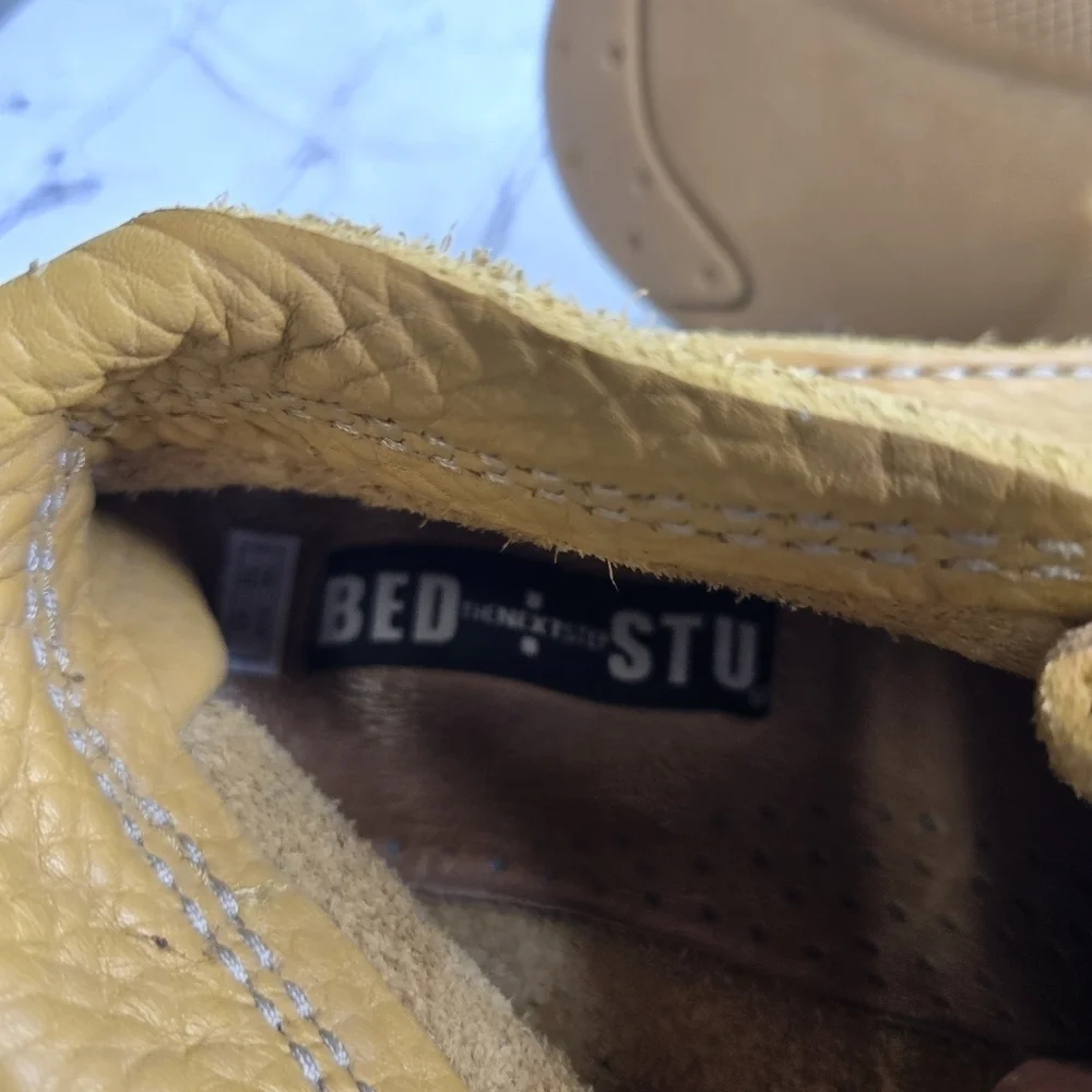 Bed Stu tan yellow pebbled leather moccasin chukka ankle boots